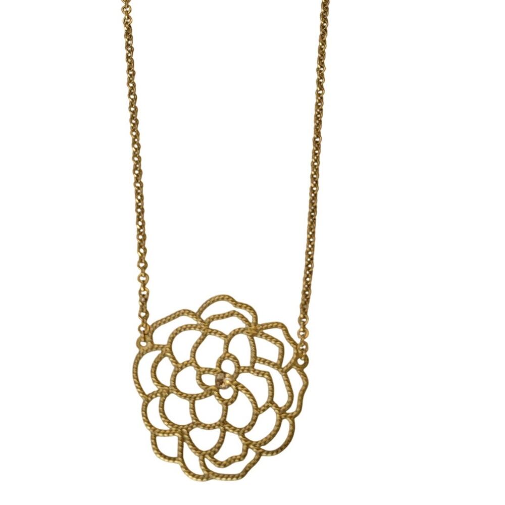 Vintage Gold Tone Necklace Openwork Flower Pendant with Crystal Center 16" Chain